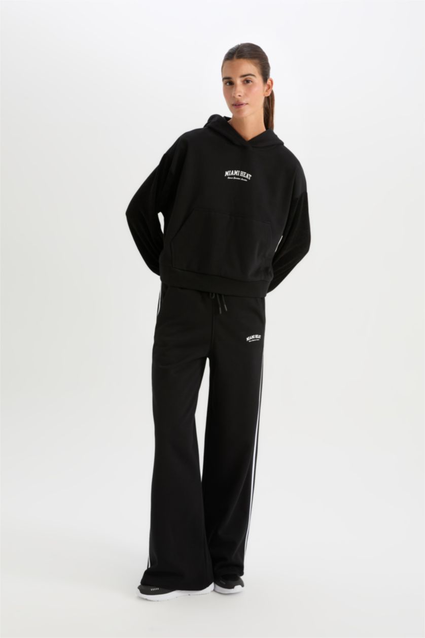 Kadın Siyah Kalın Eşofman Altı Wide Leg Geniş Paça NBA Miami Heat Cepli Standart Boy 