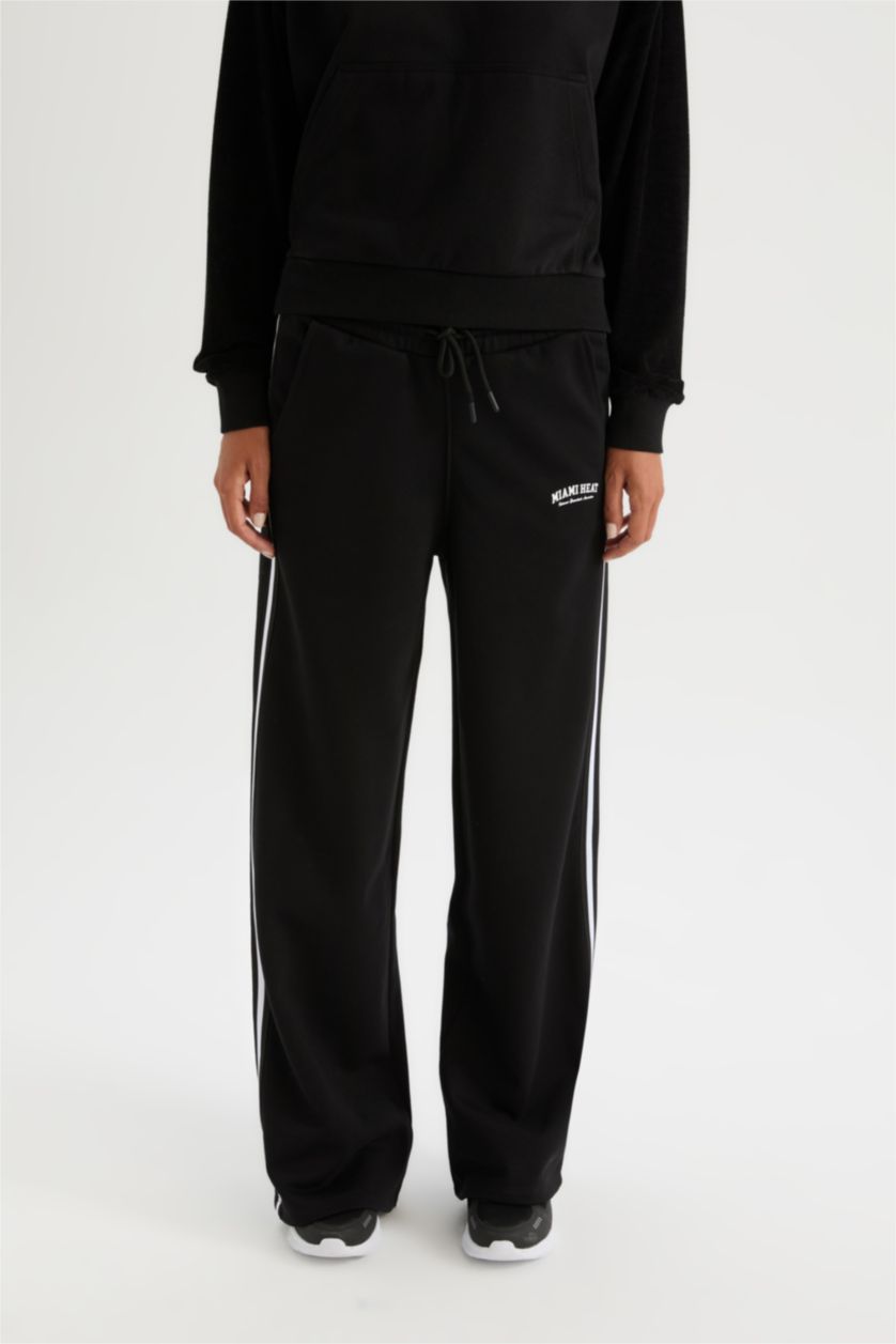 Kadın Siyah Kalın Eşofman Altı Wide Leg Geniş Paça NBA Miami Heat Cepli Standart Boy 