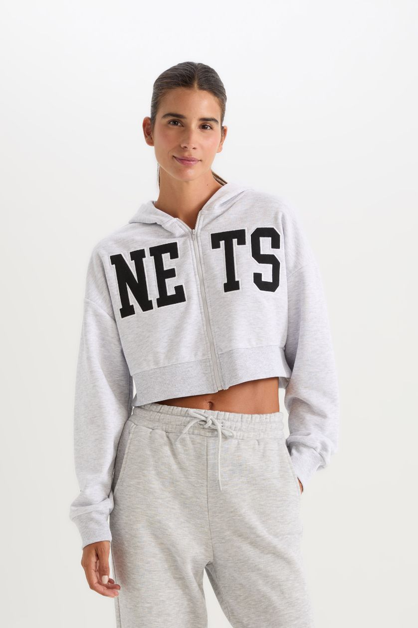 Kadın Gri Melanj NBA Brooklyn Nets Crop Kalın Fermuarlı Sweatshirt