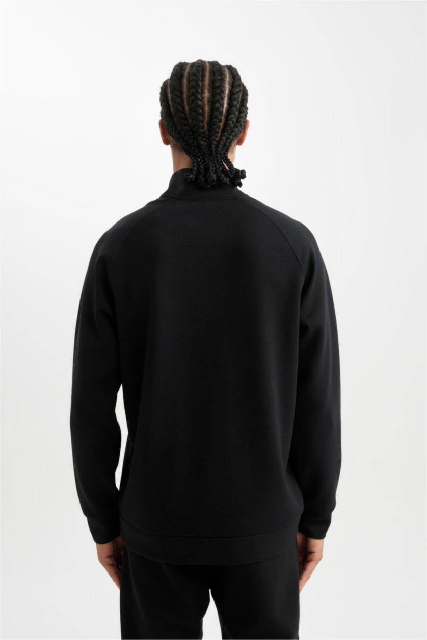 Erkek Siyah Standart Fit Dik Yaka Yarım Fermuarlı Sporcu Sweatshirt
