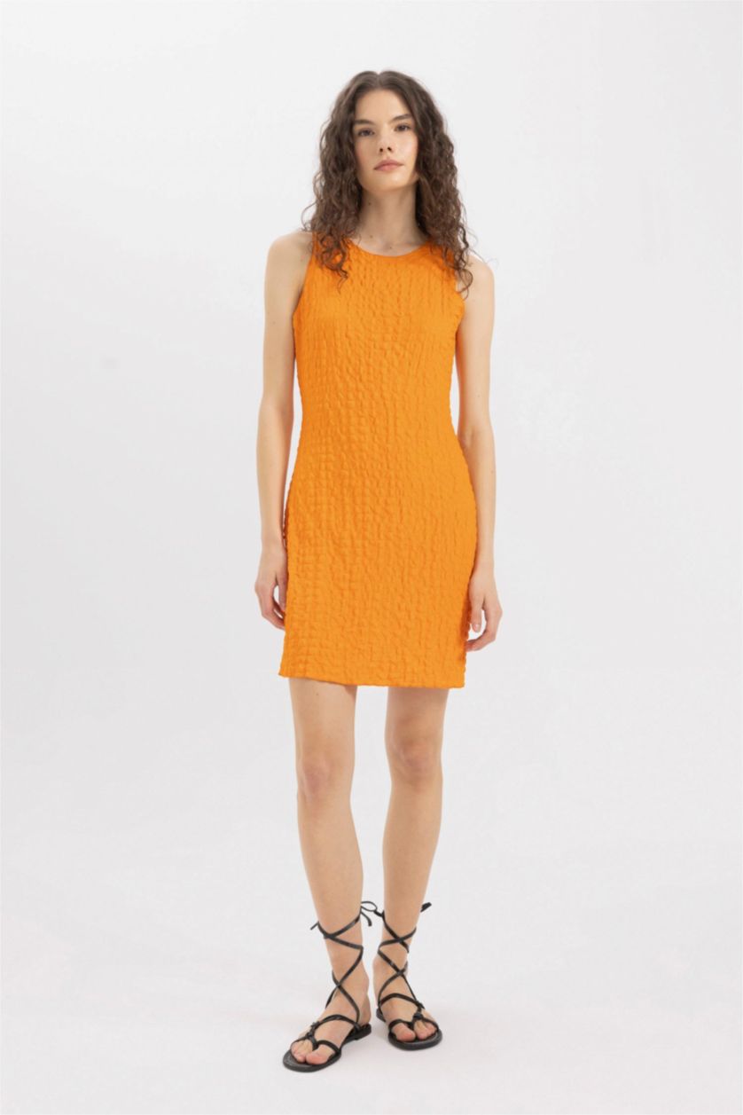 FEMME Orange Mini Robe sans manches à Col Rond