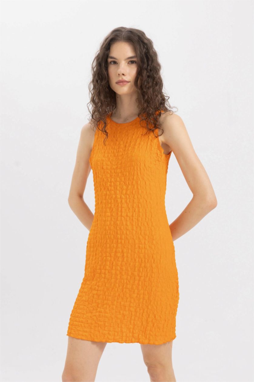 FEMME Orange Mini Robe sans manches à Col Rond
