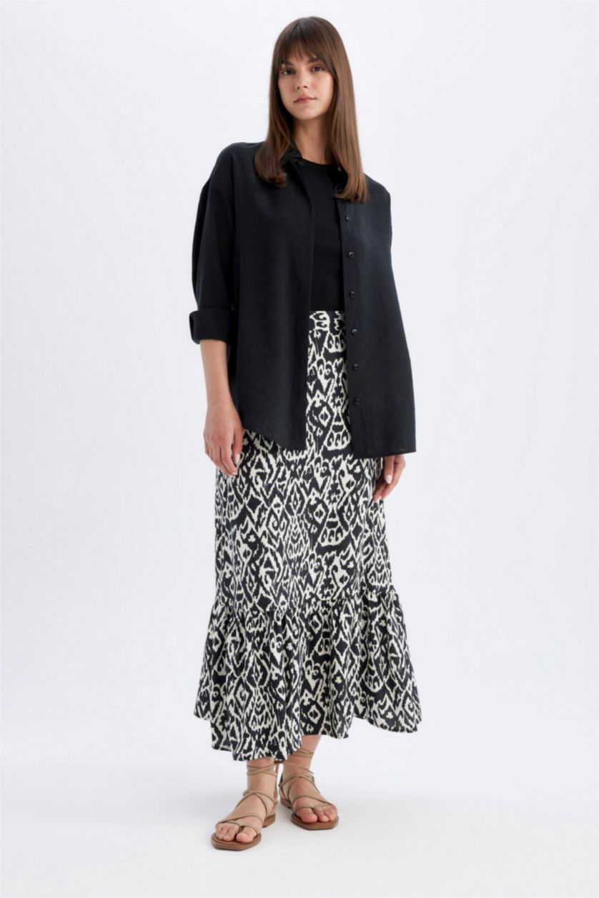 FEMME Noir Jupe Longue en Viscose à Motifs