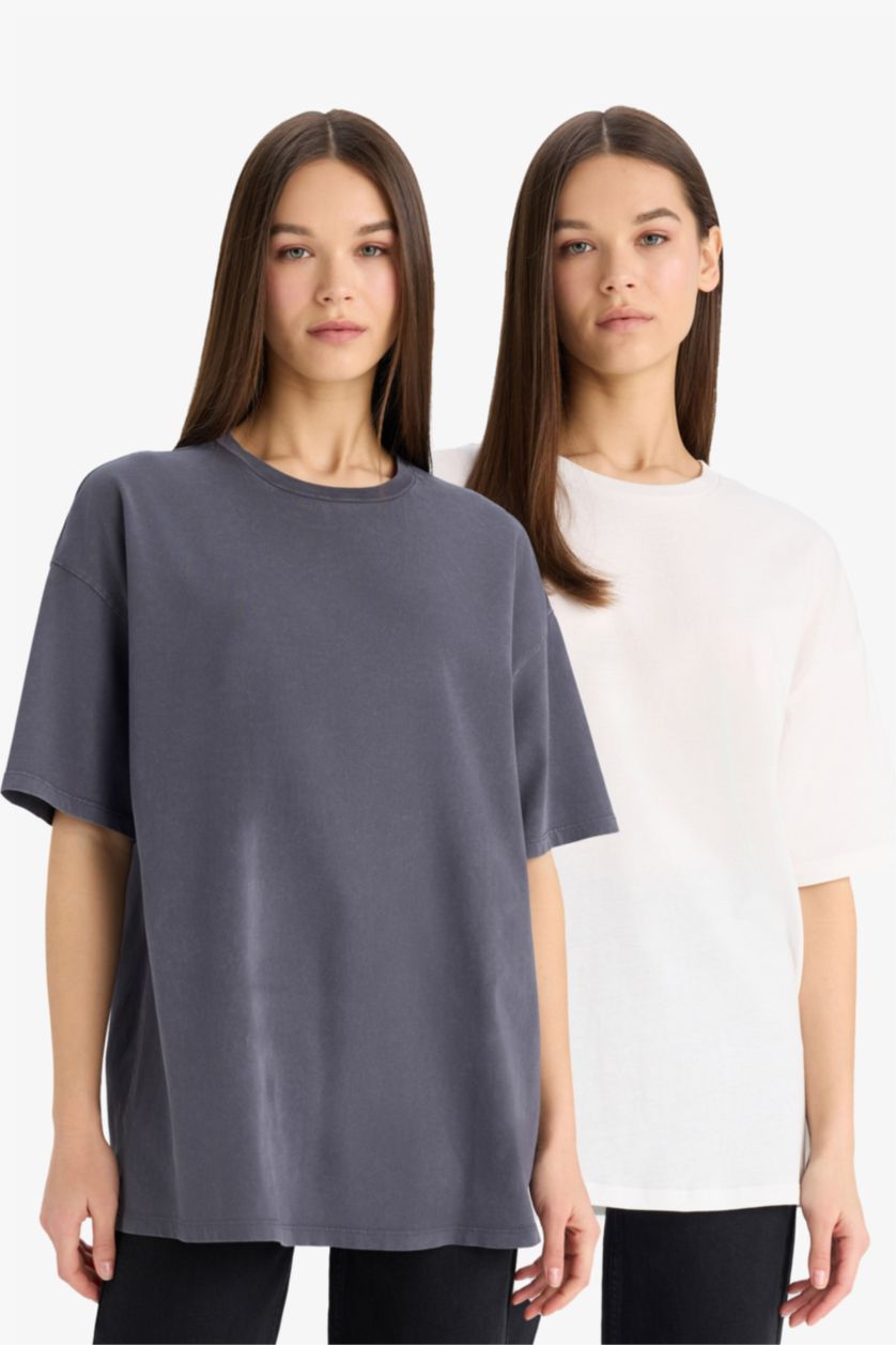 Kadın Antrasit Oversize Fit Bisiklet Yaka Yıkamalı 2'li Basic Kısa Kollu Tişört
