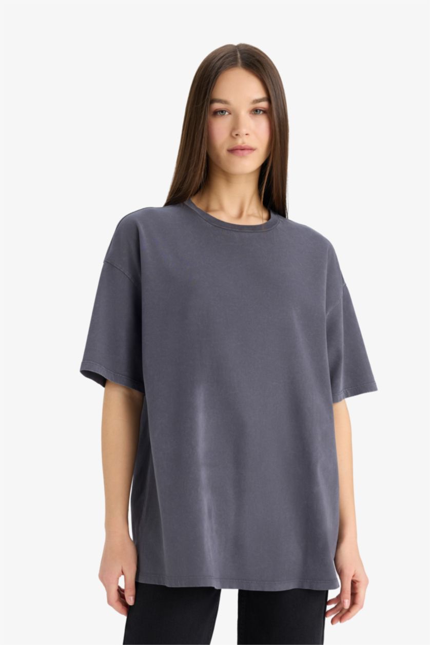 Kadın Antrasit Oversize Fit Bisiklet Yaka Yıkamalı 2'li Basic Kısa Kollu Tişört