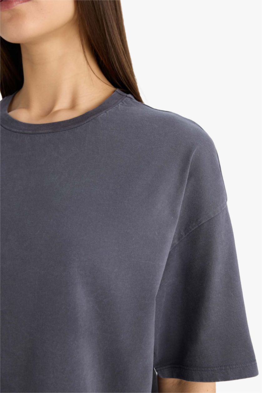 Kadın Antrasit Oversize Fit Bisiklet Yaka Yıkamalı 2'li Basic Kısa Kollu Tişört