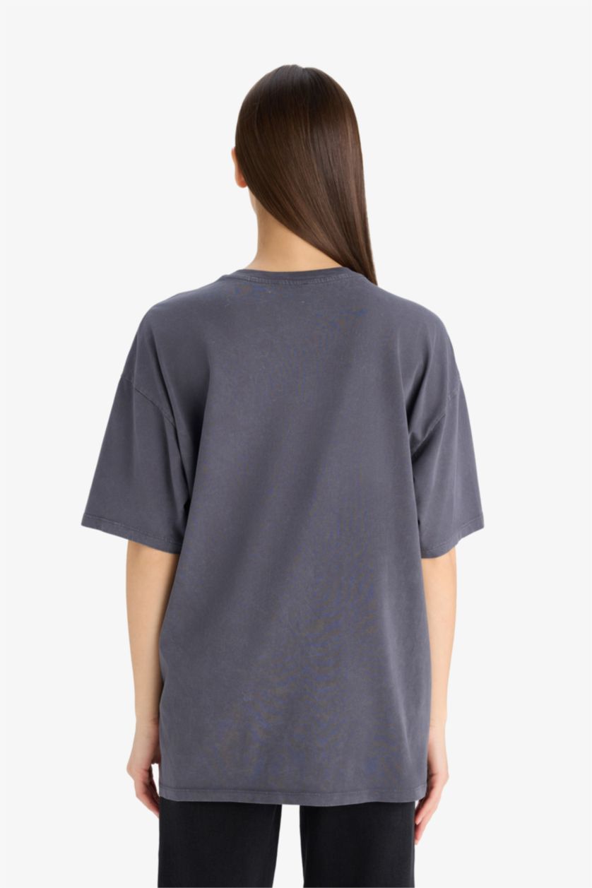 Kadın Antrasit Oversize Fit Bisiklet Yaka Yıkamalı 2'li Basic Kısa Kollu Tişört