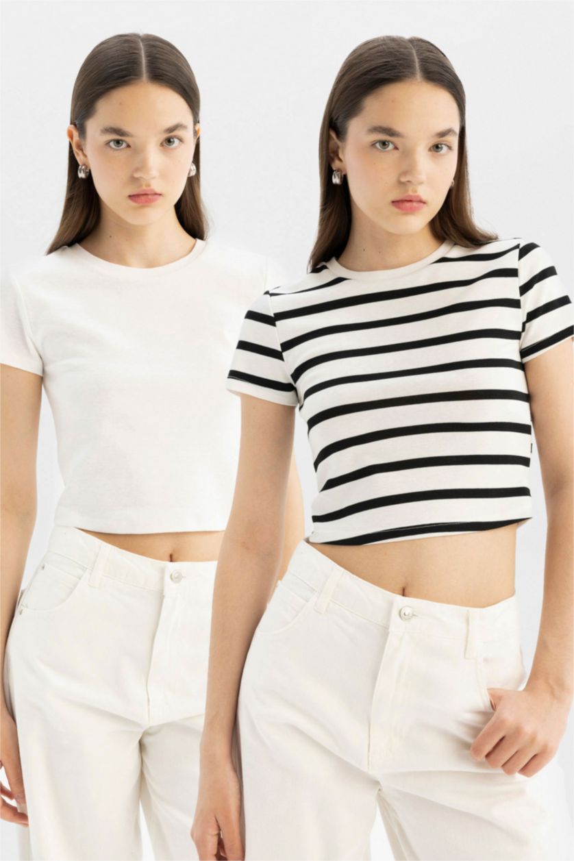 WOMAN White 2 Piece Slim Fit Ribana Short Sleeve T-Shirt