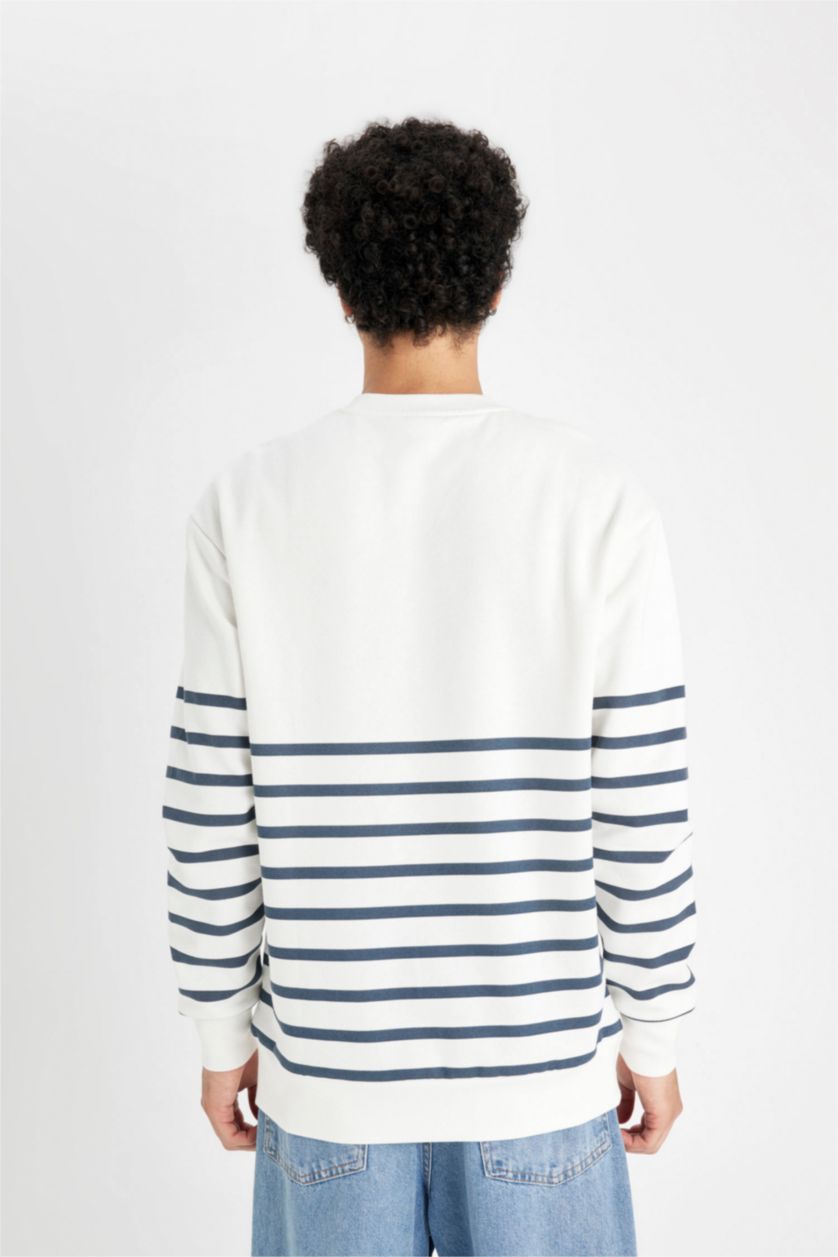 Erkek Kırık Beyaz Comfort Regular Fit Rahat Kalıp Bisiklet Yaka Çizgili Kalın Sweatshirt