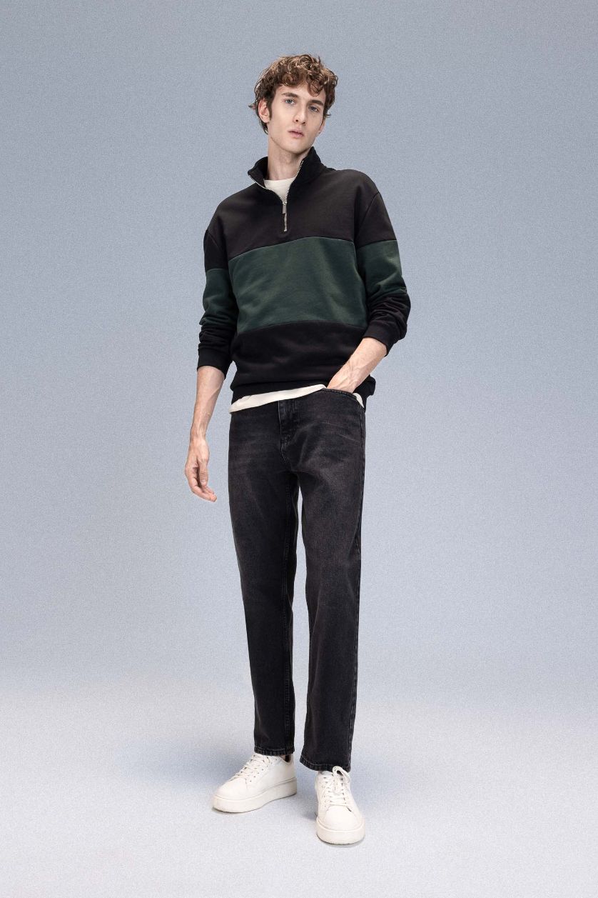 MAN Black Comfort Regular Fit Stand Collar Striped Thick Sweatshirt