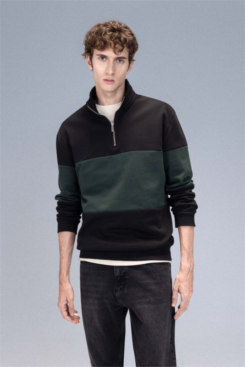 MAN Black Comfort Regular Fit Stand Collar Striped Thick Sweatshirt