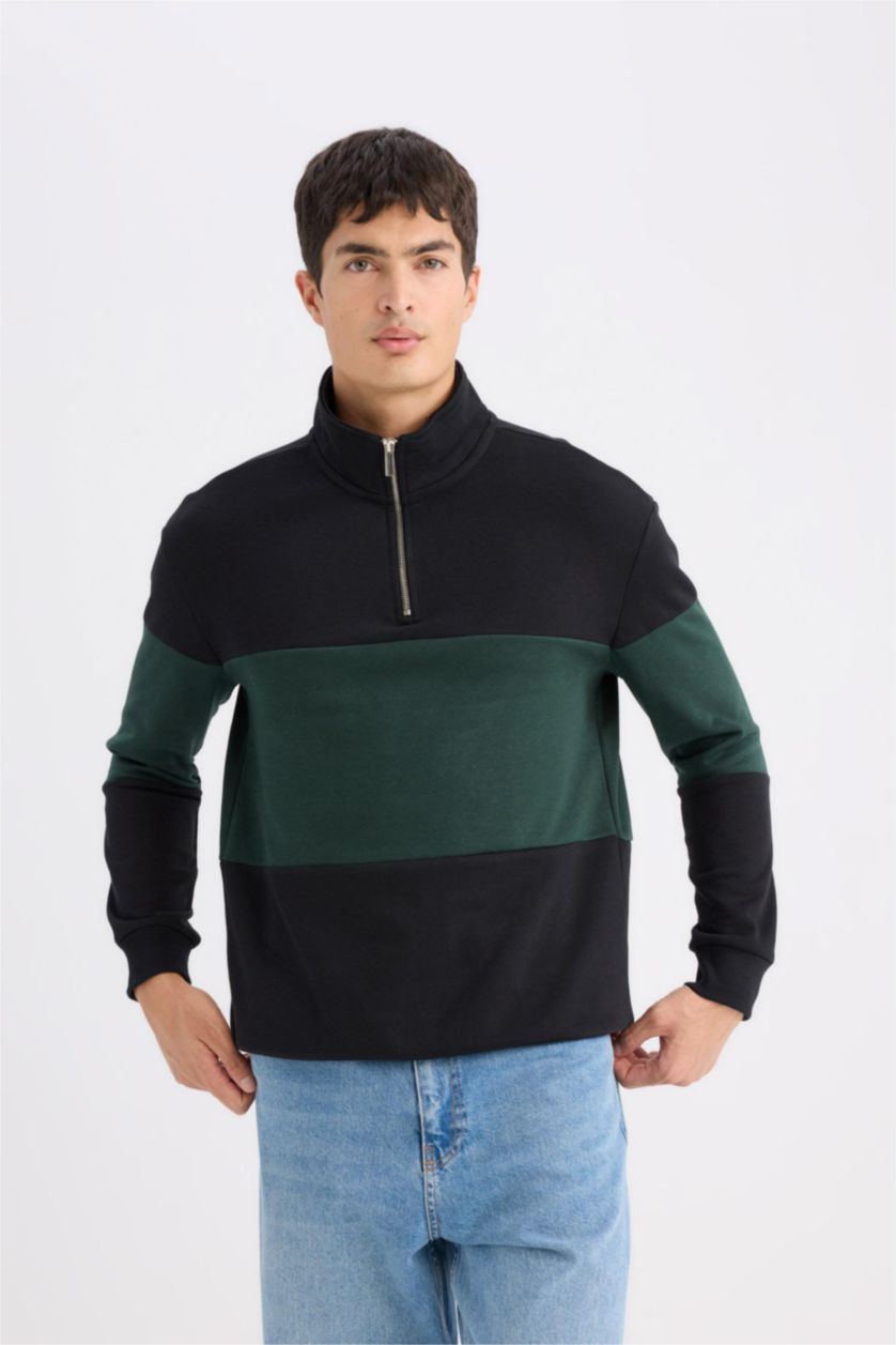 MAN Black Comfort Regular Fit Stand Collar Striped Thick Sweatshirt
