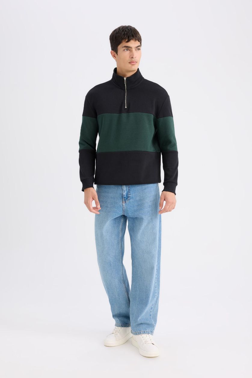 MAN Black Comfort Regular Fit Stand Collar Striped Thick Sweatshirt