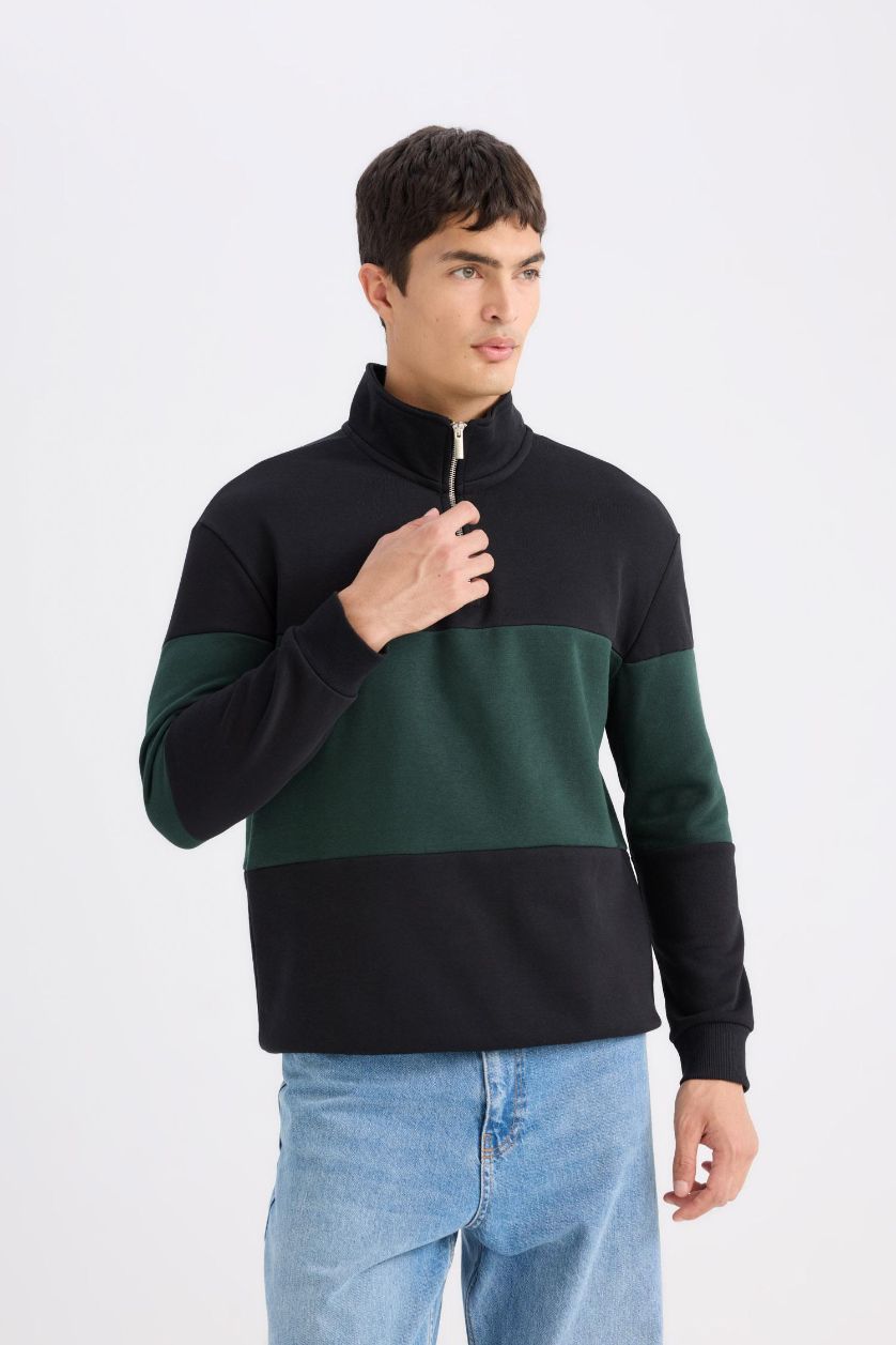 MAN Black Comfort Regular Fit Stand Collar Striped Thick Sweatshirt