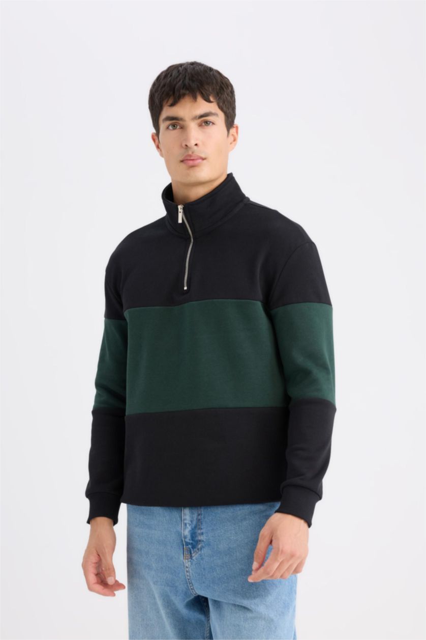 MAN Black Comfort Regular Fit Stand Collar Striped Thick Sweatshirt