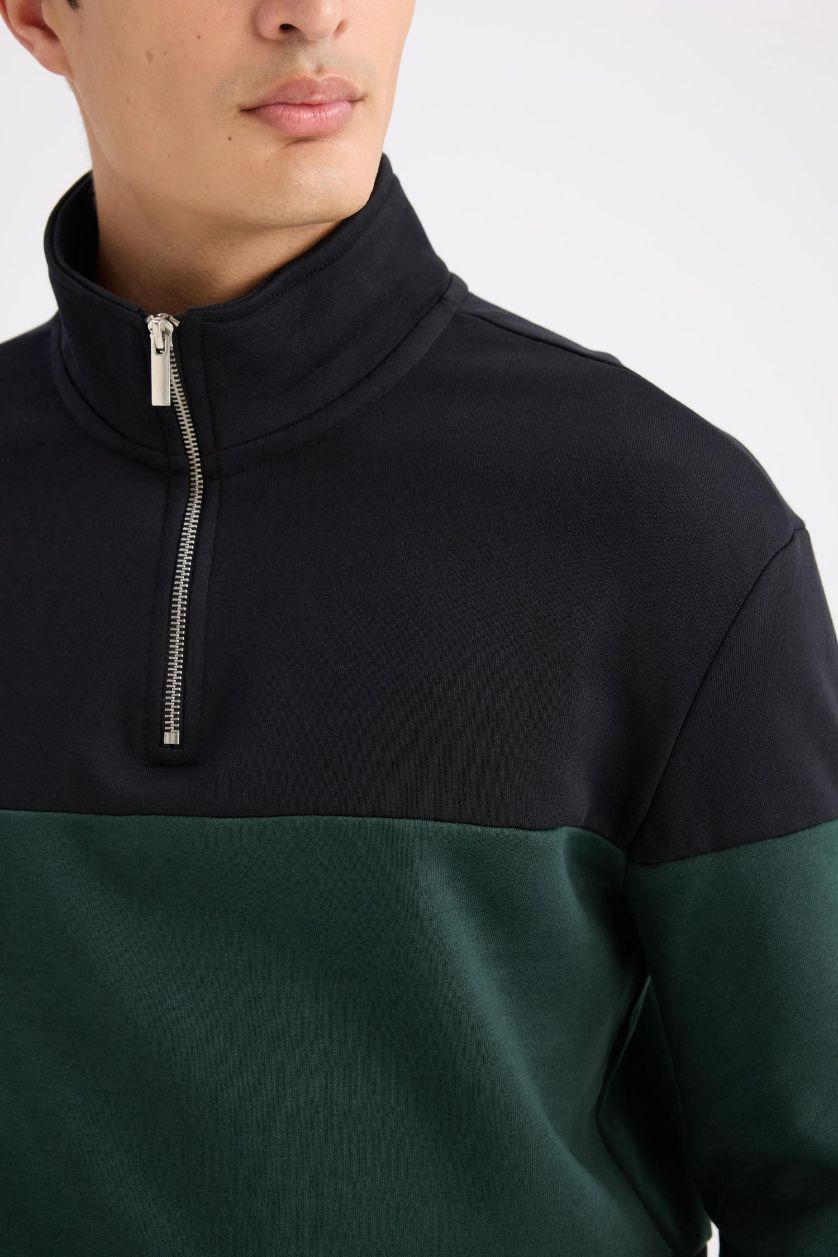 MAN Black Comfort Regular Fit Stand Collar Striped Thick Sweatshirt