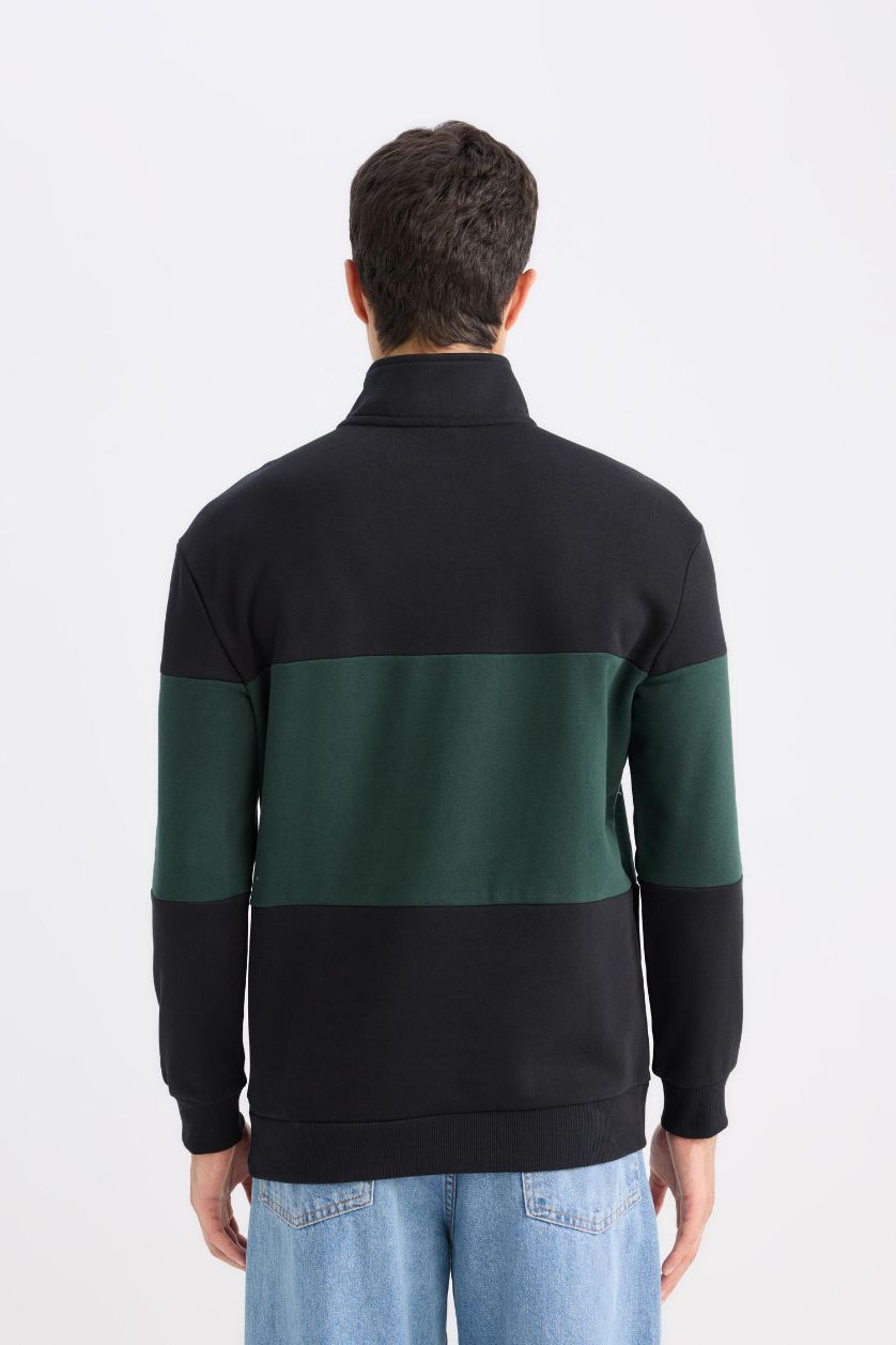 MAN Black Comfort Regular Fit Stand Collar Striped Thick Sweatshirt