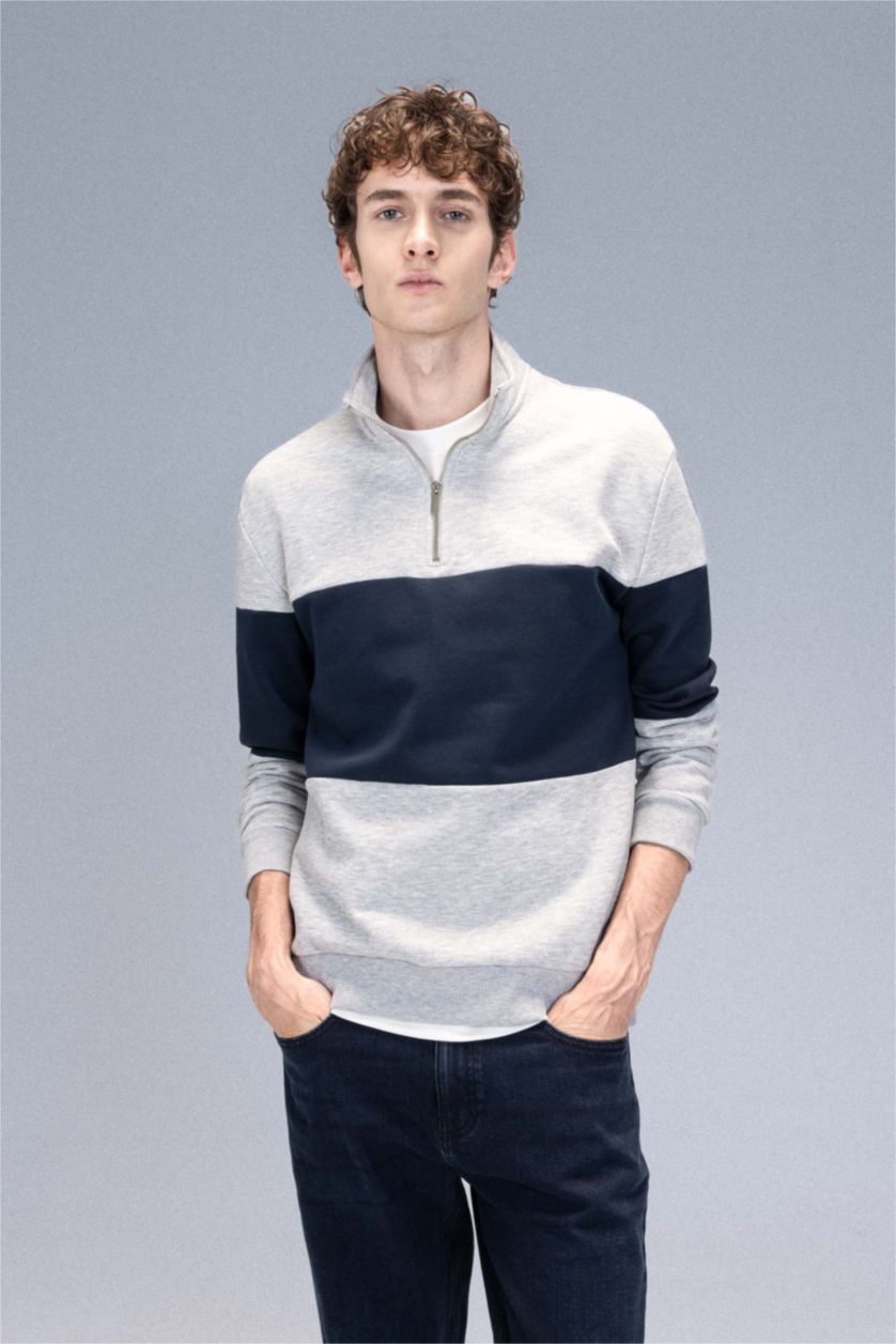 رجالي ميلانج رمادي سويت شيرت مخطط تقيل قصة مريحة بياقة عالية