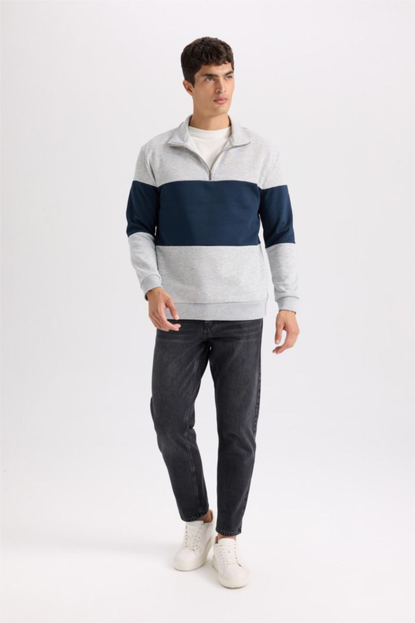 رجالي ميلانج رمادي سويت شيرت مخطط تقيل قصة مريحة بياقة عالية