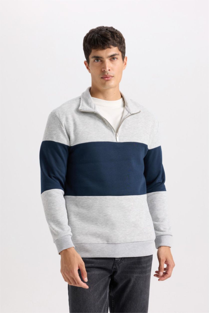 رجالي ميلانج رمادي سويت شيرت مخطط تقيل قصة مريحة بياقة عالية