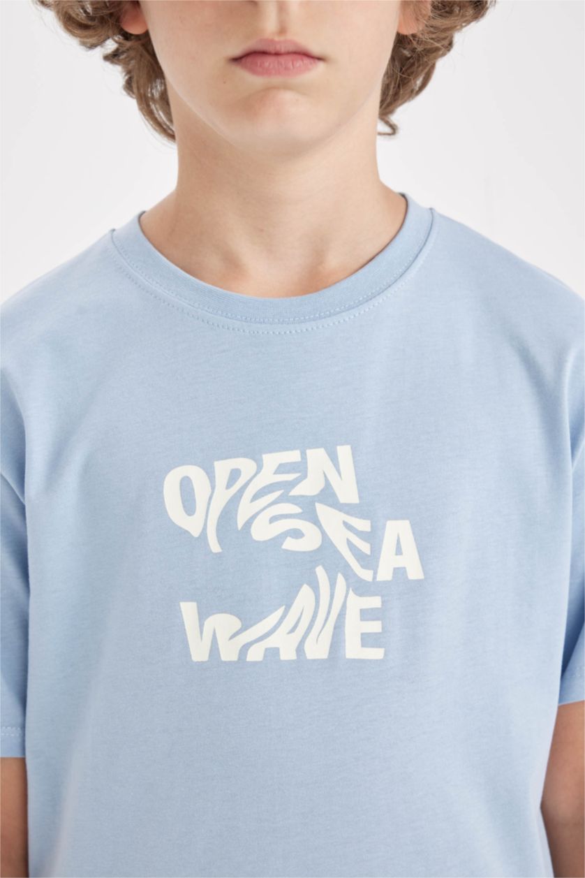 Erkek Çocuk - Genç Erkek Açık Mavi Bisiklet Yaka Baskılı Kısa Kollu Tişört Erkek Çocuk