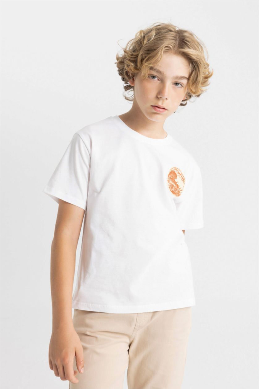 Boys & Teens White Boy Crew Neck Printed Short Sleeve T-Shirt