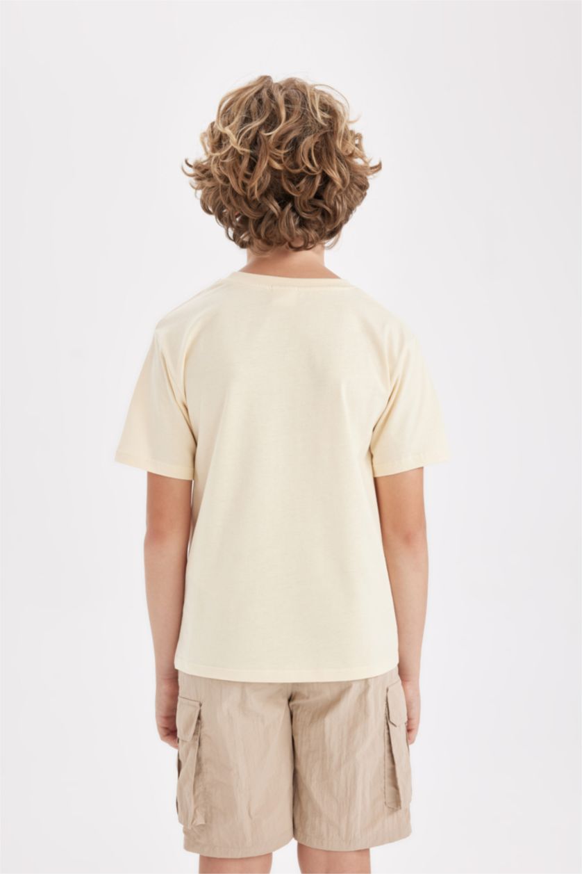 Erkek Çocuk - Genç Erkek Bej Bisiklet Yaka Baskılı Kısa Kollu Tişört Erkek Çocuk