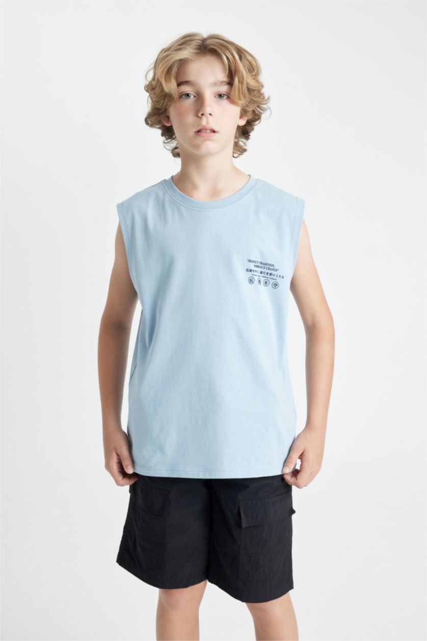 Boys & Teens Light Blue Boy Crew Neck Printed Sleeveless T-Shirt