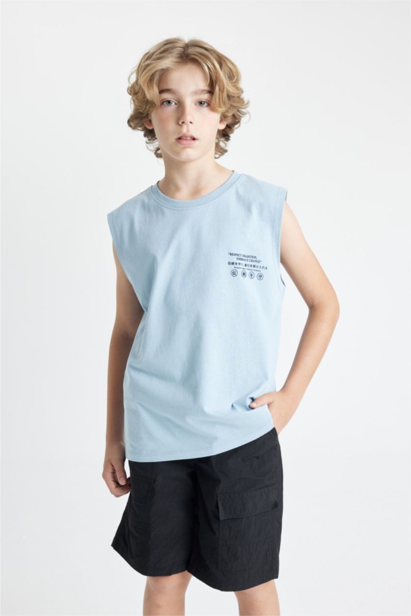Boys & Teens Light Blue Boy Crew Neck Printed Sleeveless T-Shirt