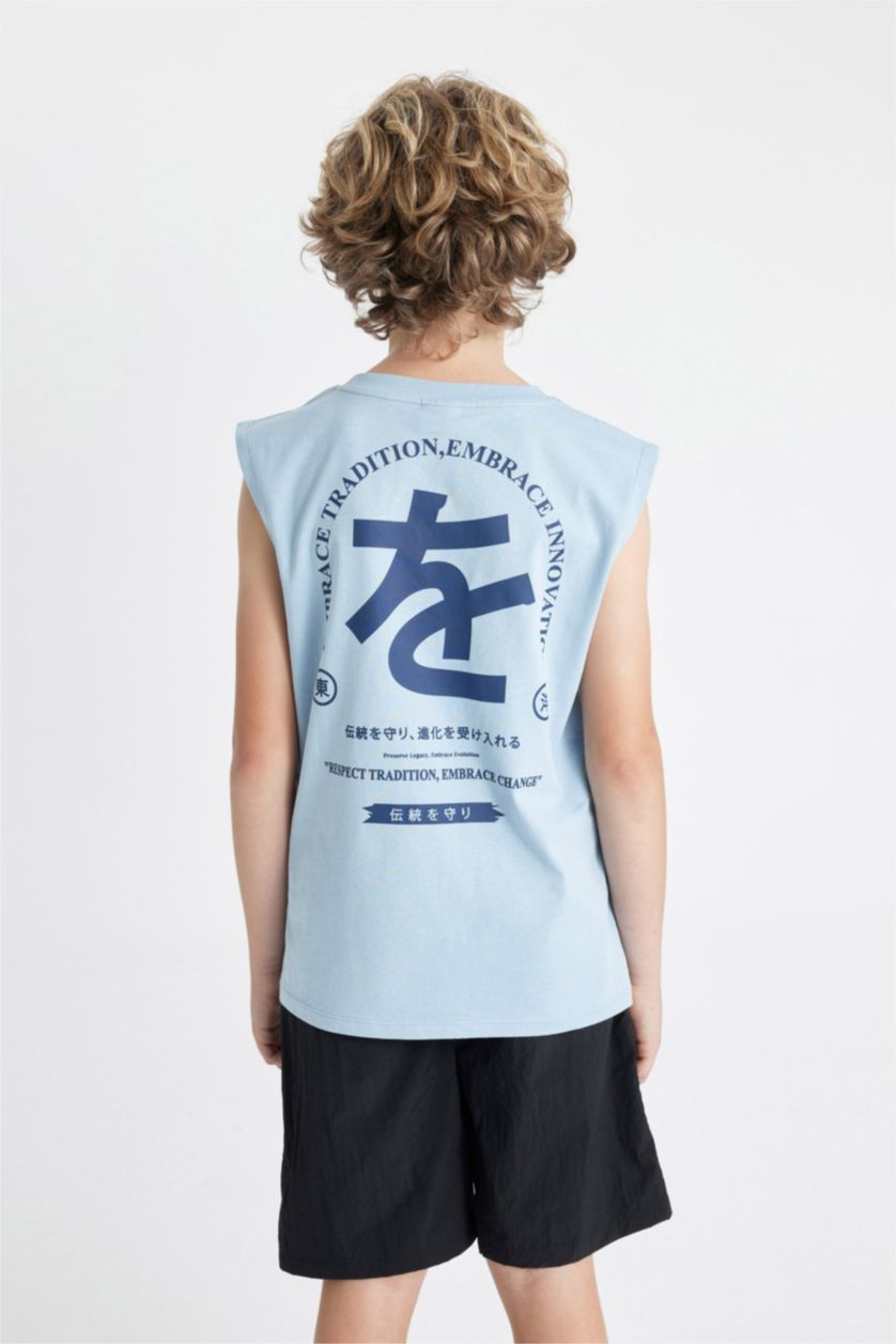 Boys & Teens Light Blue Boy Crew Neck Printed Sleeveless T-Shirt