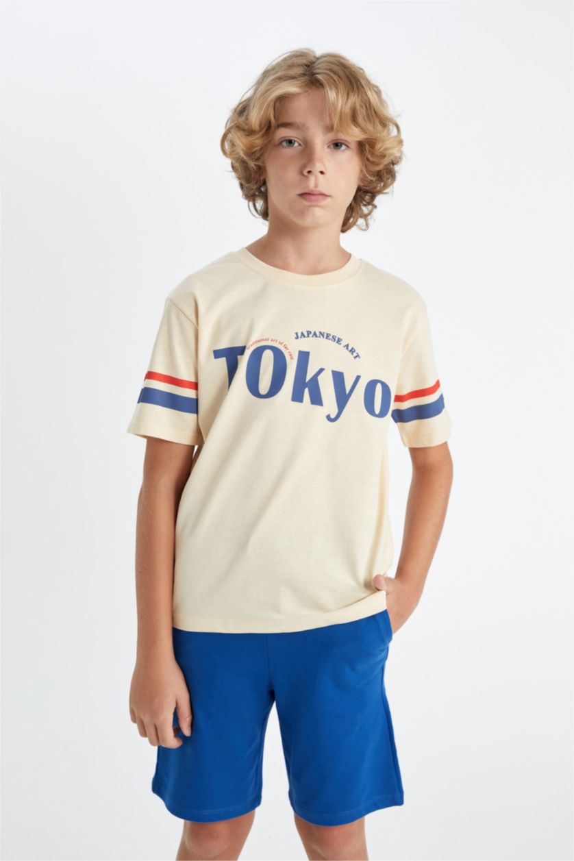Boys & Teens Beige Boy Crew Neck Printed Short Sleeve T-Shirt