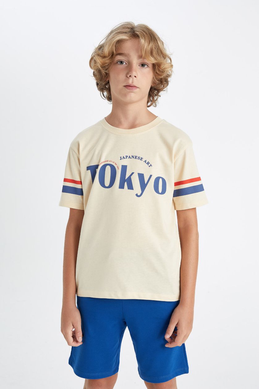 Boys & Teens Beige Boy Crew Neck Printed Short Sleeve T-Shirt