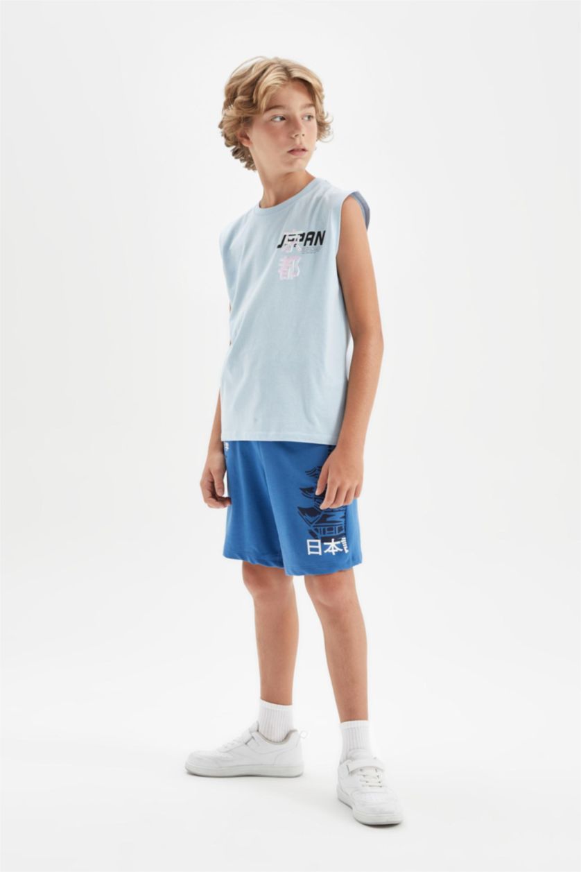 Erkek Çocuk - Genç Erkek Mavi Baskılı Şort Erkek Çocuk