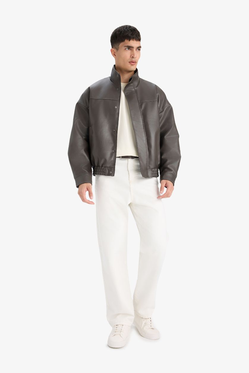 Erkek Koyu Kahve Su İtici Oversize Fit Geniş Kalıp Dik Yaka İç Cepli Çıtçıt Kapamalı Beli Lastikli Deri Ceket Mont