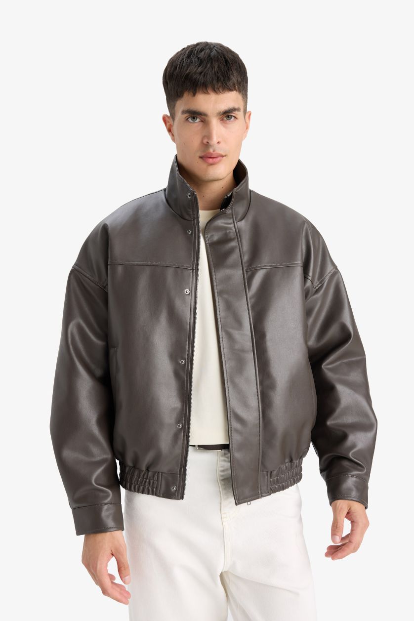 Erkek Koyu Kahve Su İtici Oversize Fit Geniş Kalıp Dik Yaka İç Cepli Çıtçıt Kapamalı Beli Lastikli Deri Ceket Mont