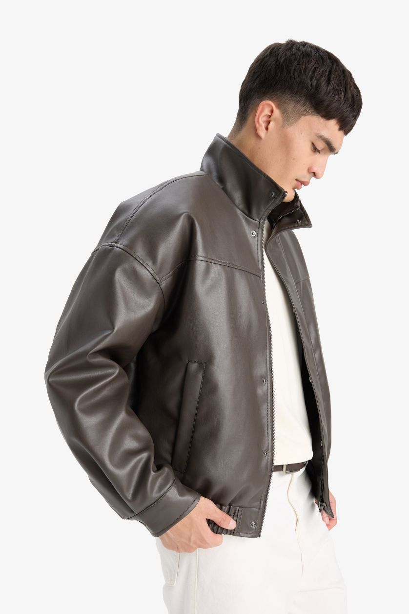 Erkek Koyu Kahve Su İtici Oversize Fit Geniş Kalıp Dik Yaka İç Cepli Çıtçıt Kapamalı Beli Lastikli Deri Ceket Mont