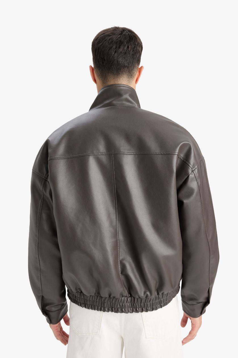 Erkek Koyu Kahve Su İtici Oversize Fit Geniş Kalıp Dik Yaka İç Cepli Çıtçıt Kapamalı Beli Lastikli Deri Ceket Mont