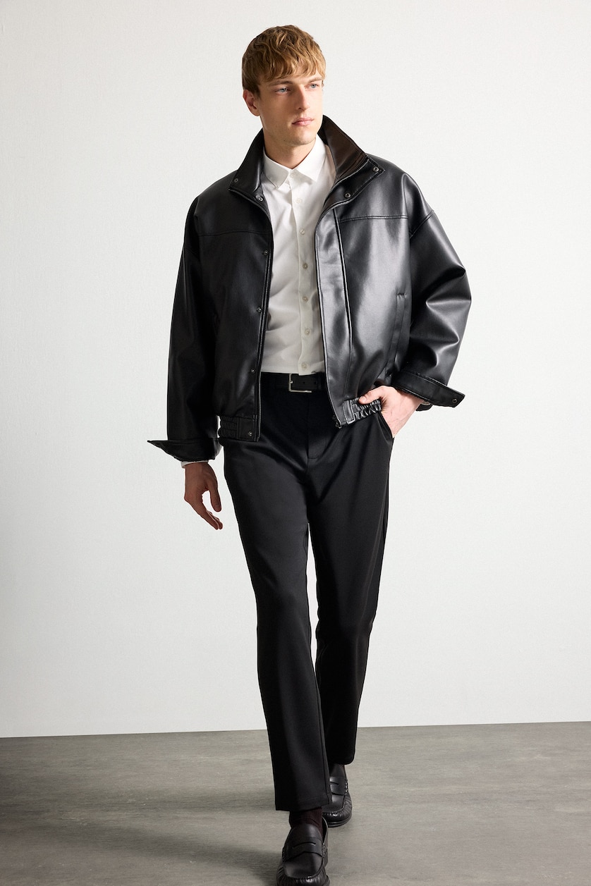 MAN Black Oversize Stand Collar Faux Leather Jacket