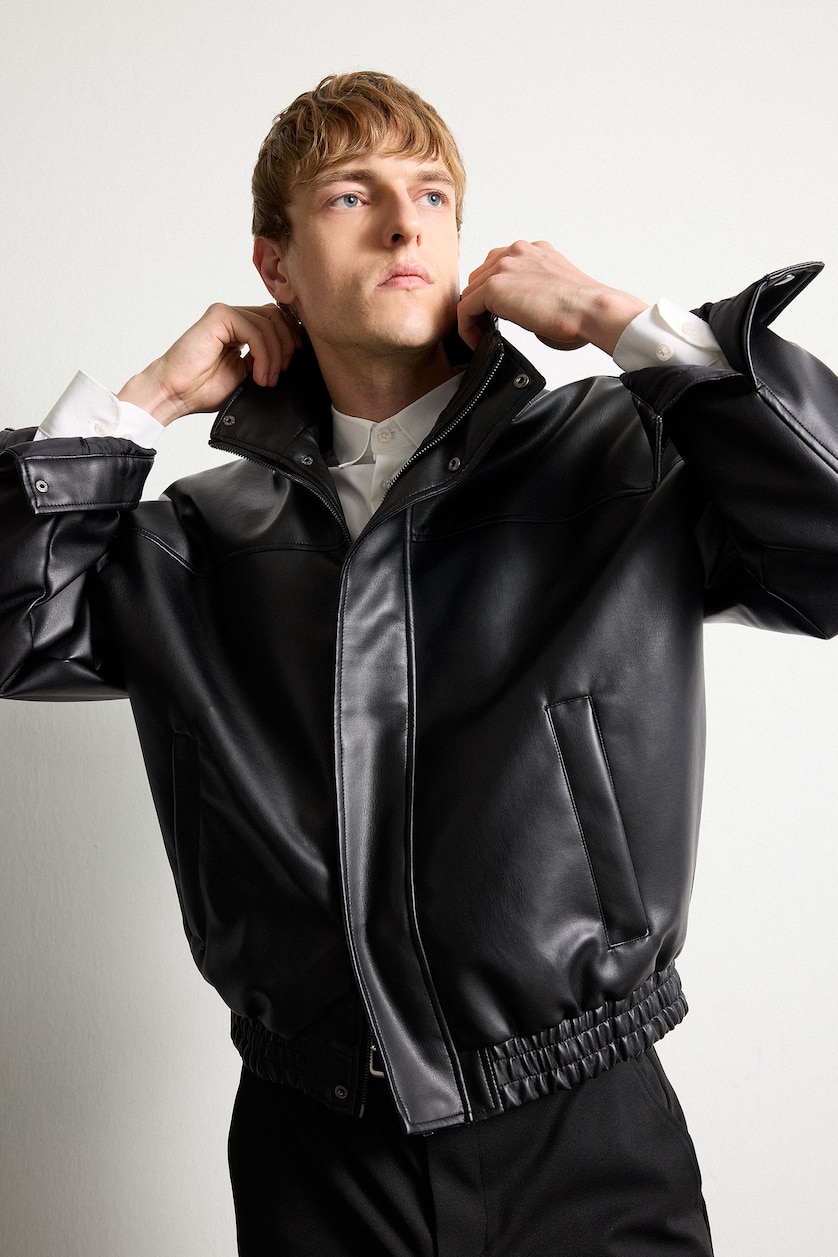 MAN Black Oversize Stand Collar Faux Leather Jacket