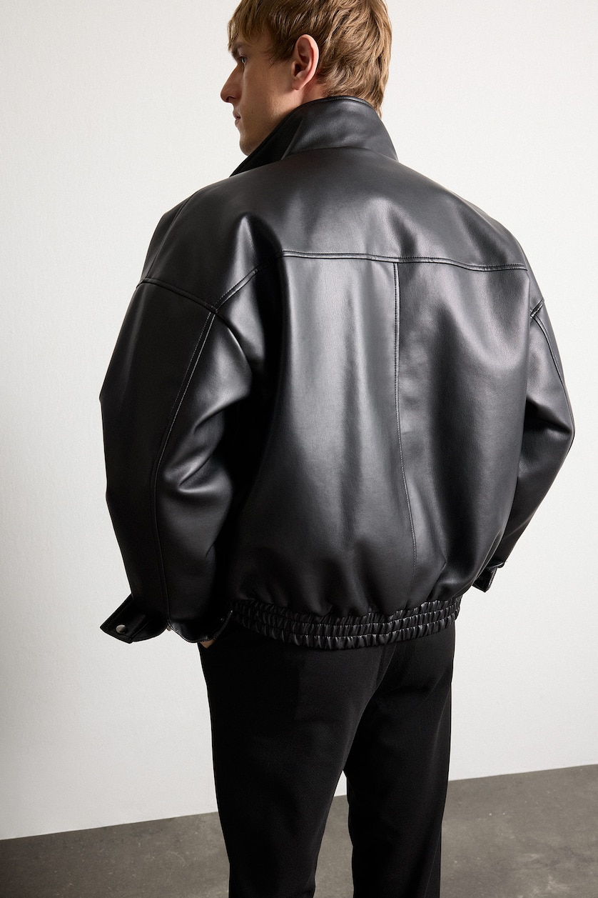 MAN Black Oversize Stand Collar Faux Leather Jacket