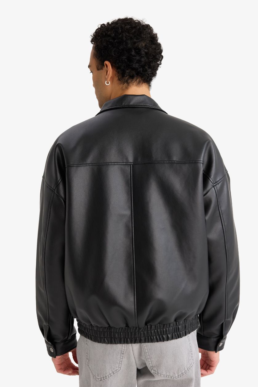 رجال أسود جاكيت جلد صناعي اوفر سايز بياخة عالية