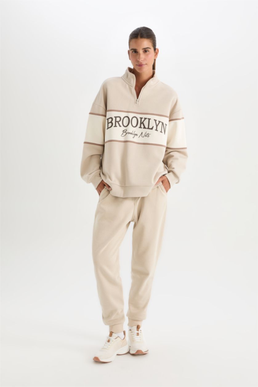 Kadın Taş NBA Brooklyn Nets Oversize Geniş Kalıp Dik Yaka Fermuarlı Kalın Sweatshirt