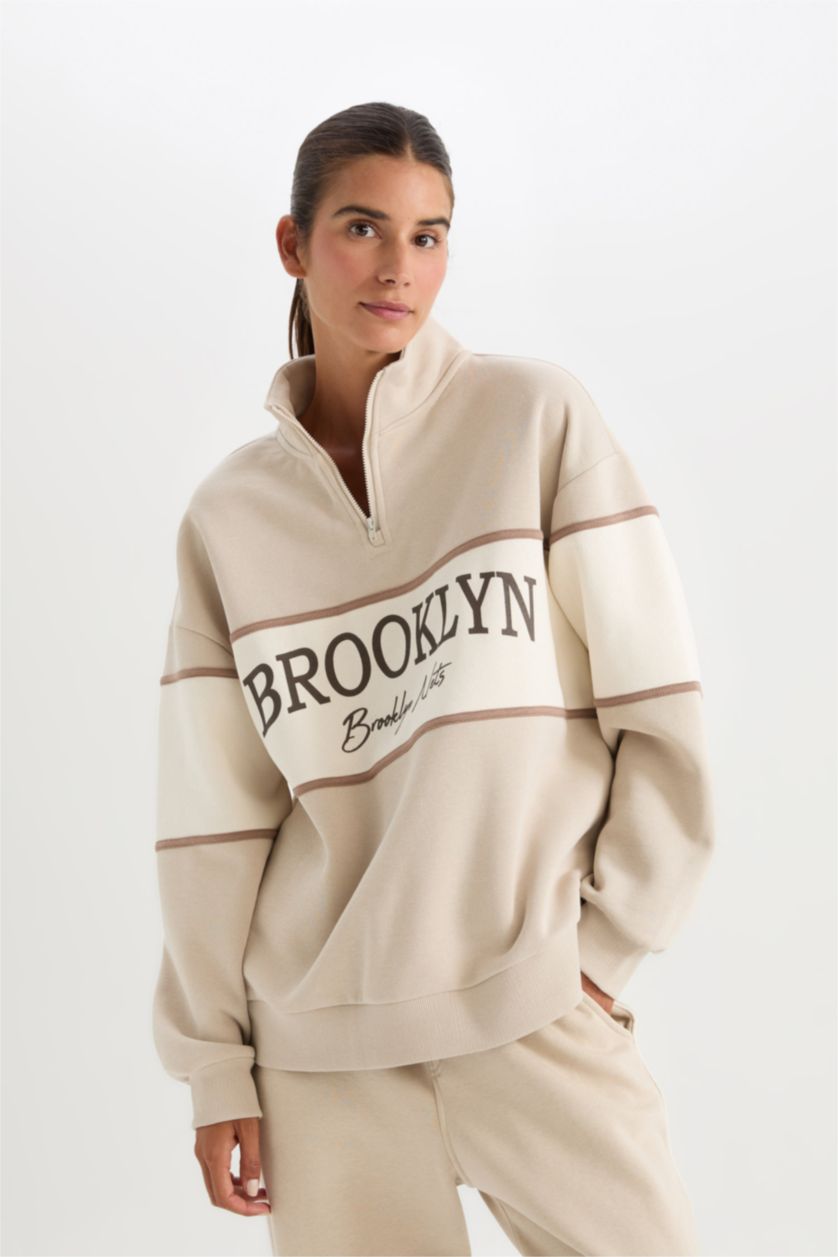 Kadın Taş NBA Brooklyn Nets Oversize Geniş Kalıp Dik Yaka Fermuarlı Kalın Sweatshirt