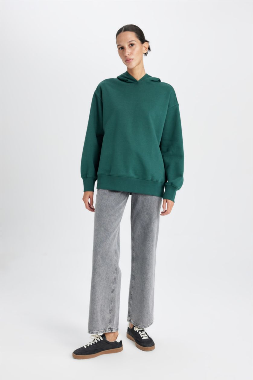 Kadın Koyu Yeşil Boxy Fit Kapüşonlu Basic Düz Kalın Sweatshirt
