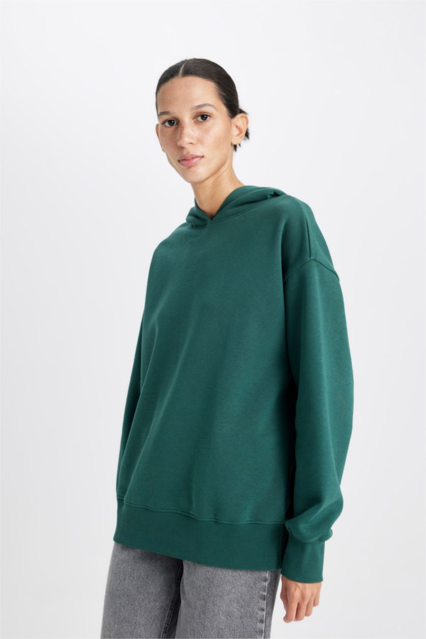 Kadın Koyu Yeşil Boxy Fit Kapüşonlu Basic Düz Kalın Sweatshirt