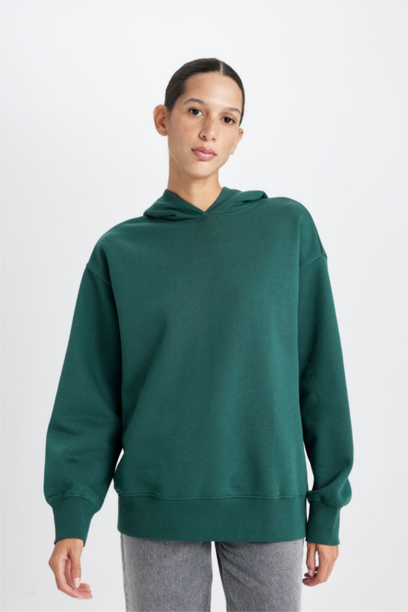Kadın Koyu Yeşil Boxy Fit Kapüşonlu Basic Düz Kalın Sweatshirt