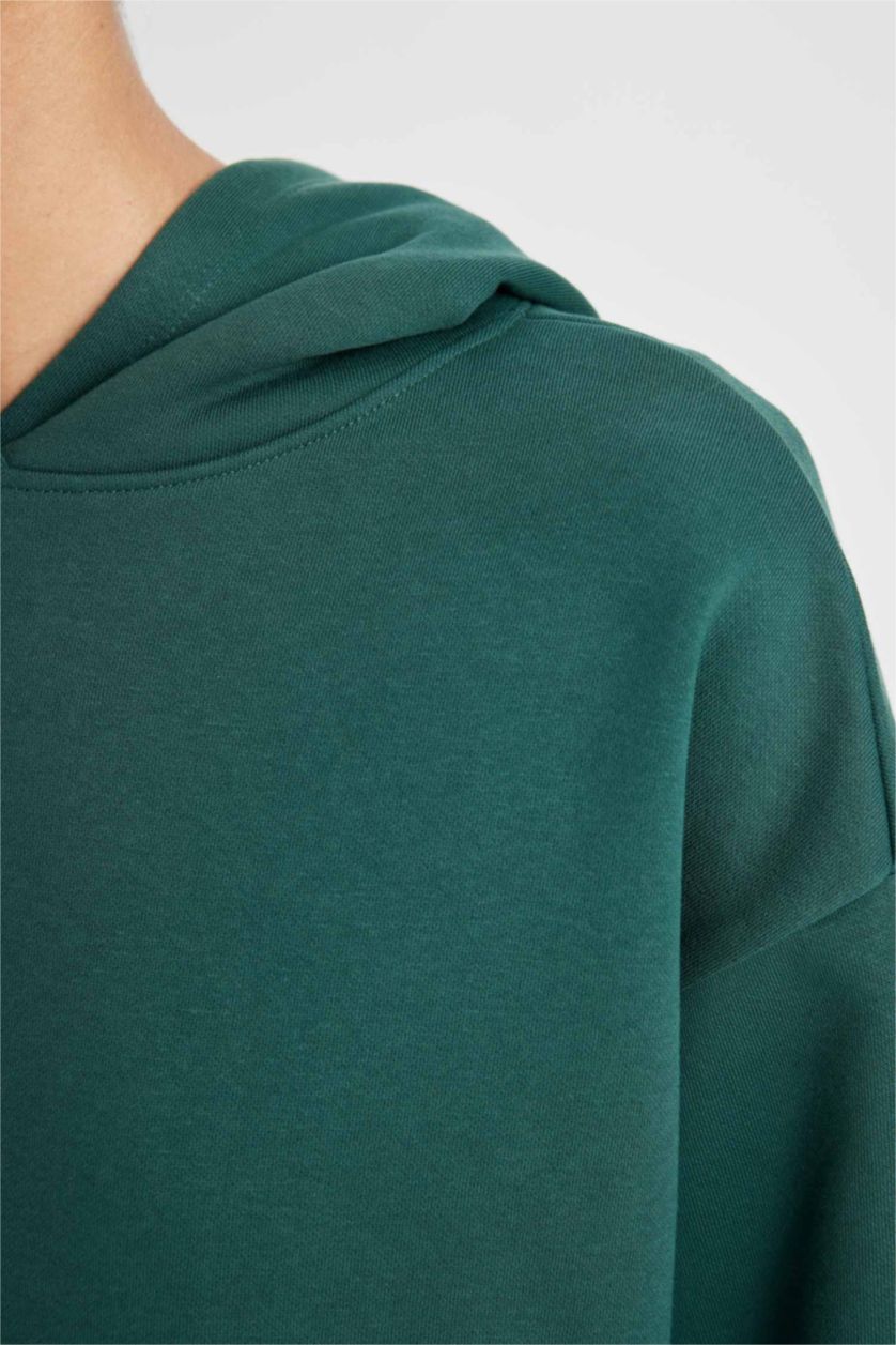 Kadın Koyu Yeşil Boxy Fit Kapüşonlu Basic Düz Kalın Sweatshirt