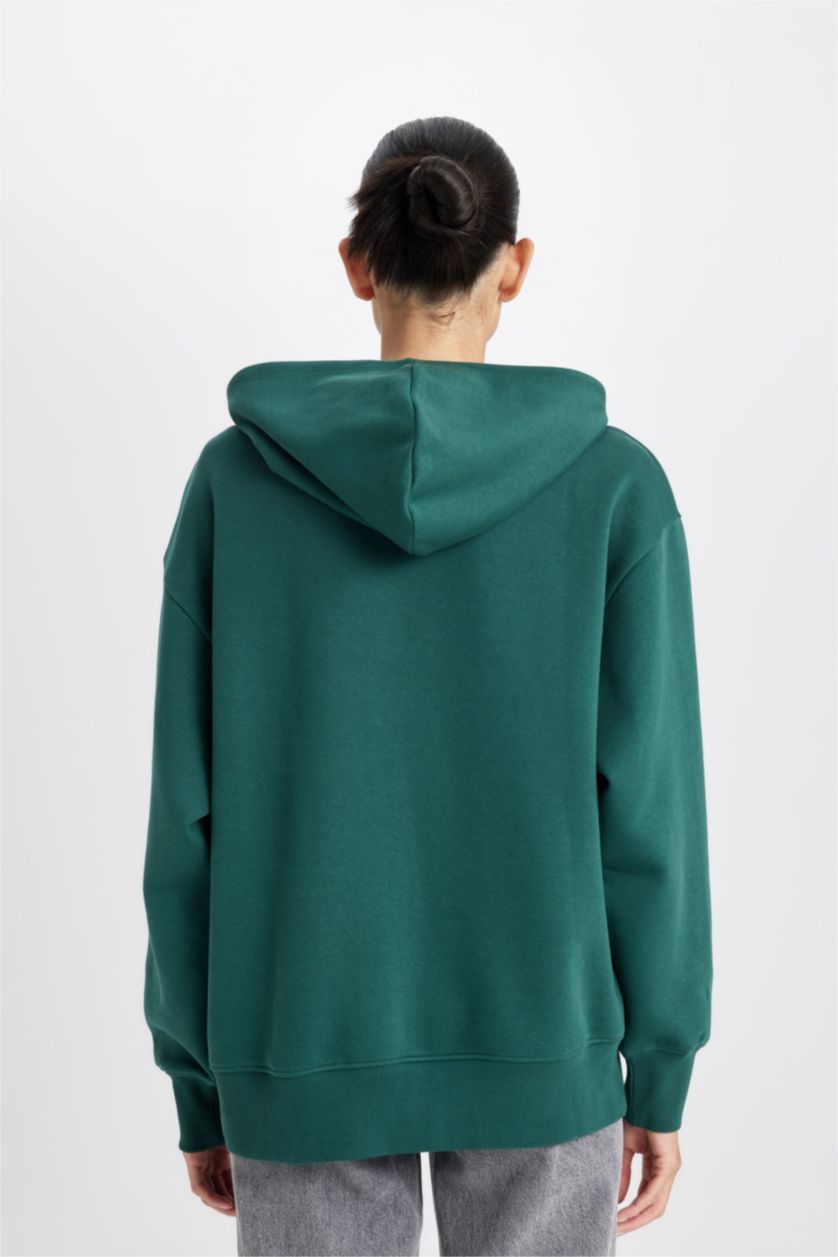 Kadın Koyu Yeşil Boxy Fit Kapüşonlu Basic Düz Kalın Sweatshirt