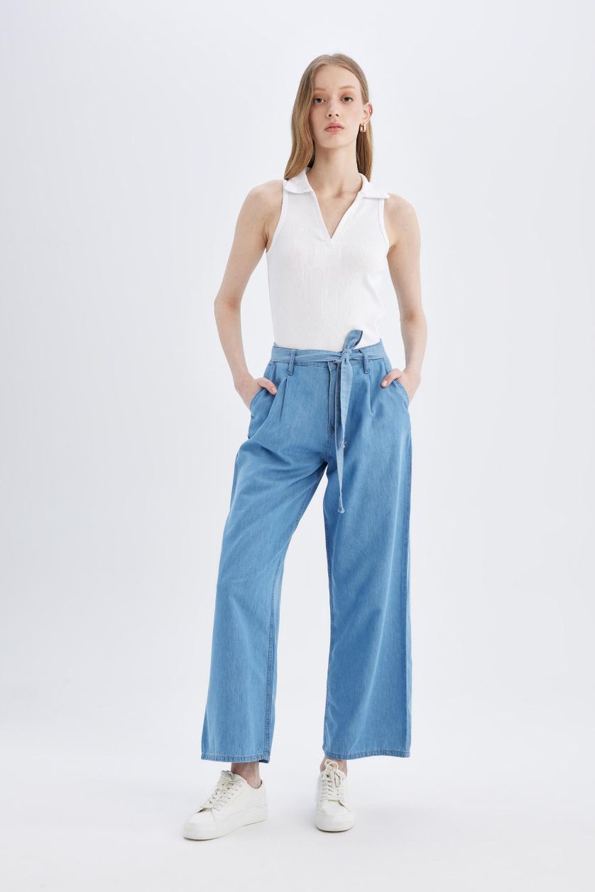 Женщины Светло-индиговый Джинсы Wide Leg с высокой талией