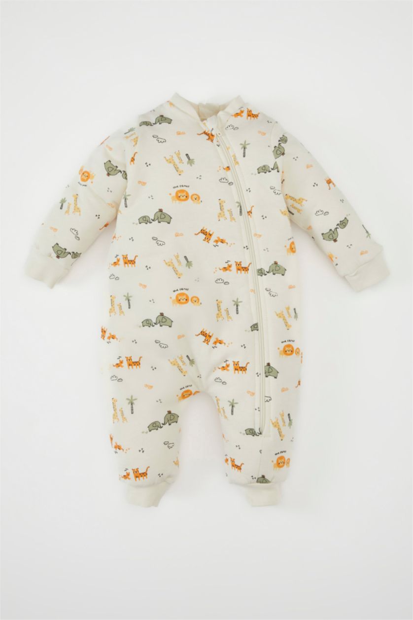 BABY GIRL Ecru Baby Boy Newborn 1 Tog Fiber Safari Patterned Cotton Sleeping Jumpsuit